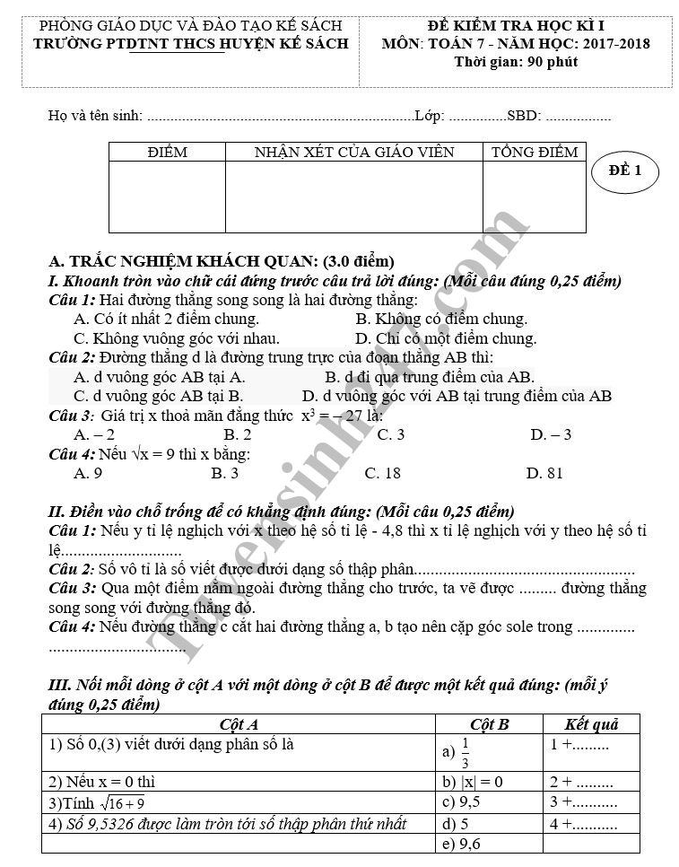 Đề thi học kỳ 1 lớp 7 môn Toán - PTDTNT THCS H. Kế Sách năm 2018