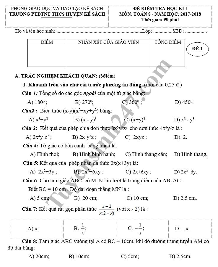 Đề thi học kỳ 1 lớp 8 môn Toán - PTDTNT THCS H. Kế Sách năm 2018