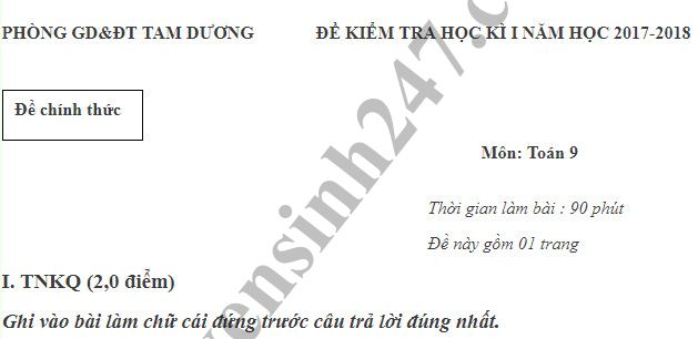 Đề thi học kỳ 1 lớp 9 môn Toán năm 2018 - Phòng GD Tam Dương 