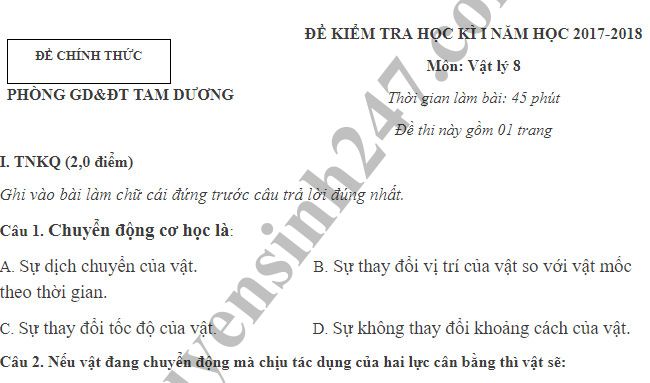 Đề thi học kỳ 1 lớp 8 môn Lý năm 2018 - Phòng GD Tam Dương 