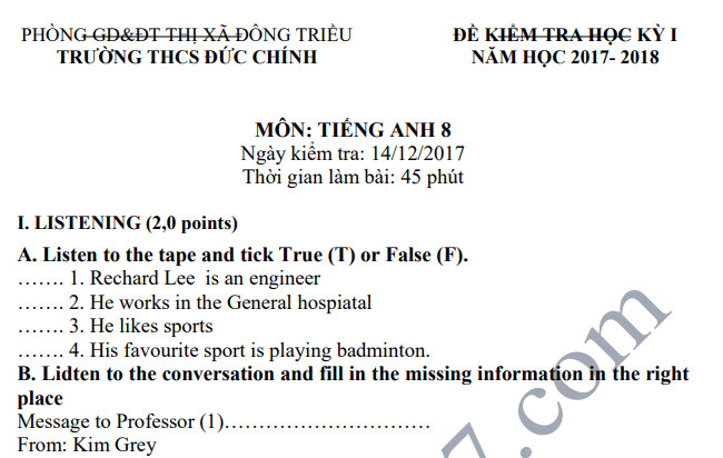 Đề thi học kỳ 1 lớp 8 môn Anh năm 2018 - THCS Đức Chính 