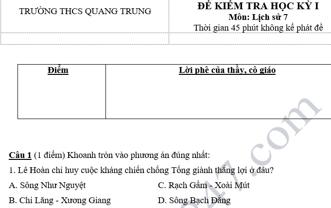 Đề thi học kỳ 1 lớp 7 môn Sử năm 2018 - THCS Quang Trung 