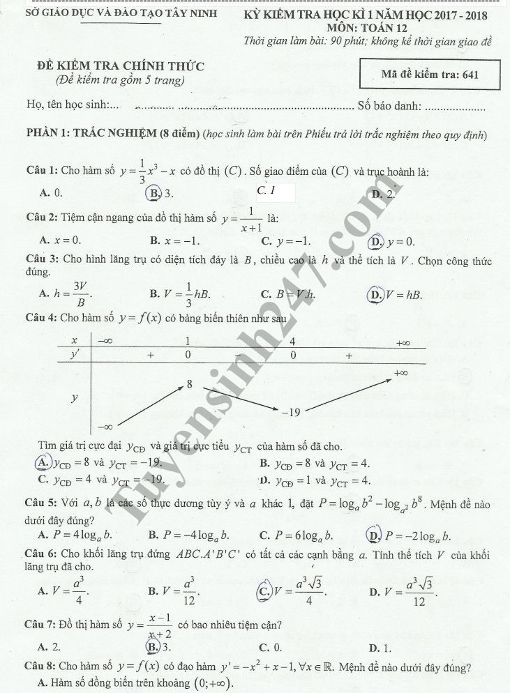 Đề thi học kỳ 1 lớp 12 môn Toán năm 2018 - Sở GD Tây Ninh 