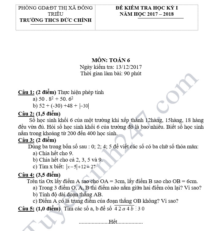 Đề thi học kỳ 1 lớp 6 môn Toán năm 2018 - THCS Đức Chính 