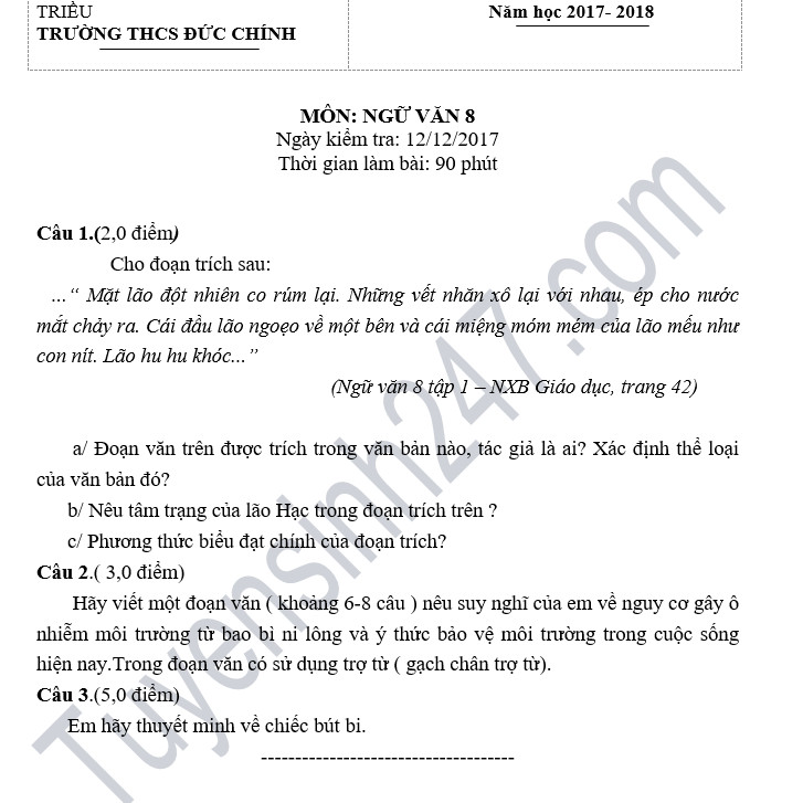 Đề thi học kỳ 1 lớp 8 môn Văn năm 2018 - THCS Đức Chính 