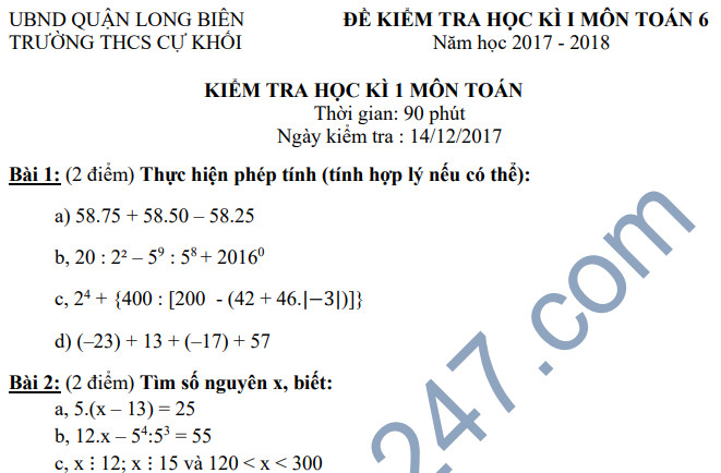 Đề thi học kỳ 1 lớp 6 môn Toán - THCS Cự Khối năm 2018