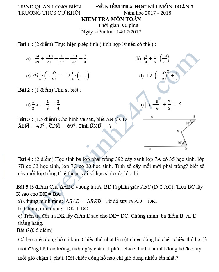 Đề thi học kỳ 1 lớp 7 môn Toán năm 2018 - THCS Cự Khối 