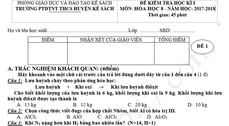 Đề thi học kỳ 1 lớp 8 môn Hóa - PTDTNT THCS H. Kế Sách năm 2018