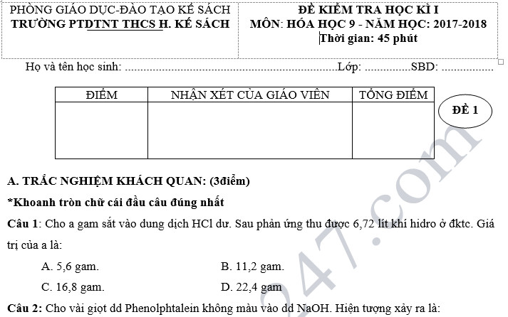 Đề thi học kỳ 1 lớp 9 môn Hóa - PTDTNT THCS H. Kế Sách năm 2018