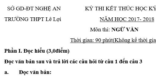 Đề thi cuối học kỳ 1 lớp 10 môn Văn năm 2018 - THPT Lê Lợi 