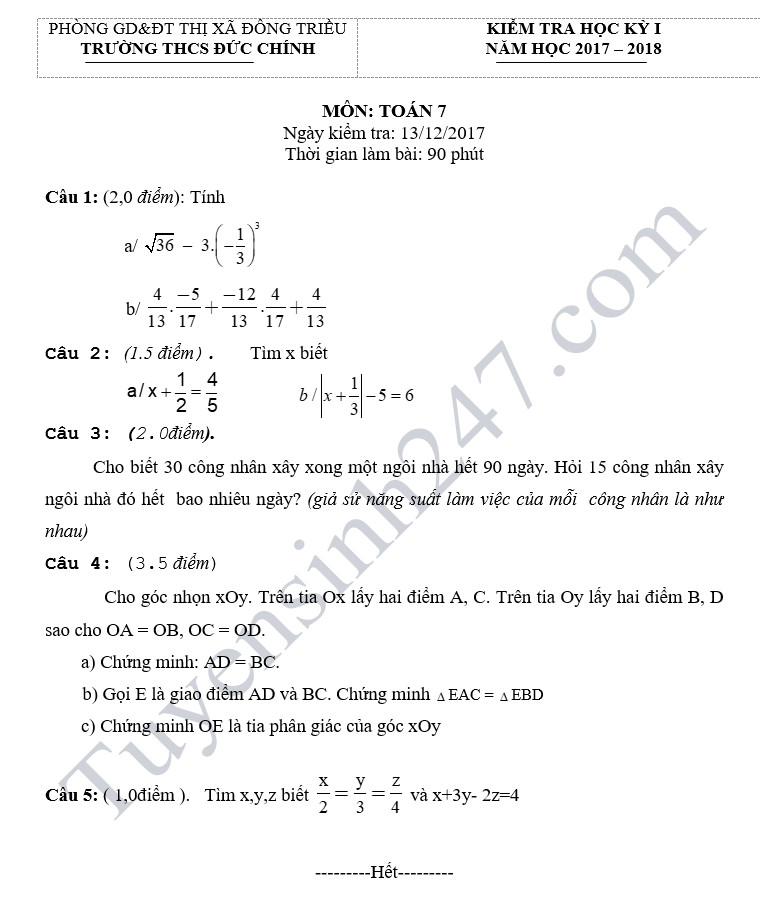 Đề thi học kỳ 1 lớp 7 môn Toán năm 2018 - THCS Đức Chính 