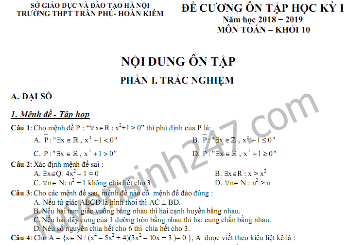 Đề cương ôn tập kì 1 lớp 10 môn Toán - THPT Trần Phú năm 2018