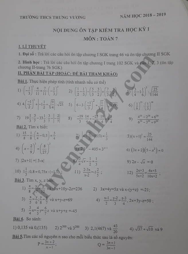 Đề cương ôn tập kì 1 lớp 7 môn Toán năm 2018 - THCS Trưng Vương 