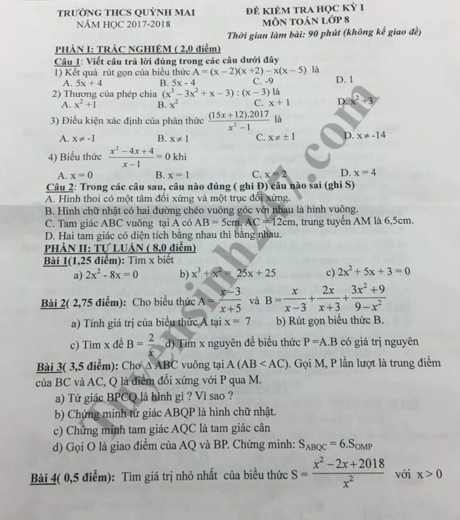 Đề thi học kỳ 1 môn Toán lớp 8 năm 2018 - THCS Quỳnh Mai 