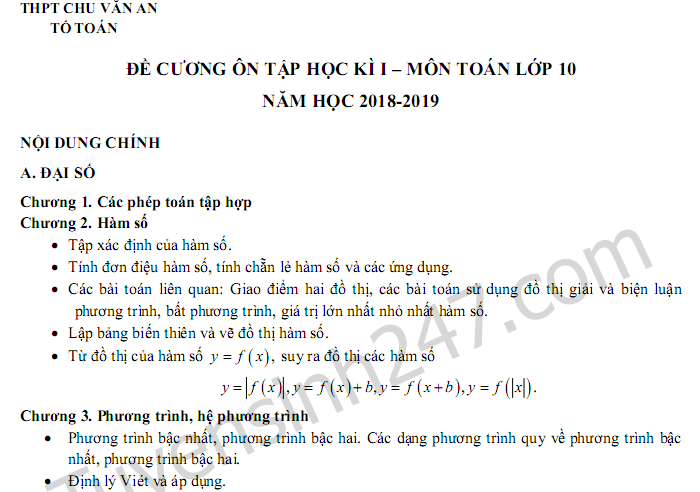 Đề cương ôn tập kì 1 lớp 10 môn Toán năm 2018 - THPT Chu Văn An 