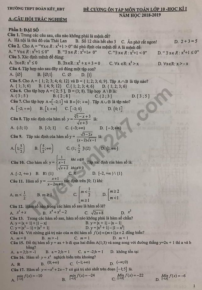 Đề cương ôn tập kì 1 lớp 10 môn Toán năm 2018 - THPT Đoàn Kết