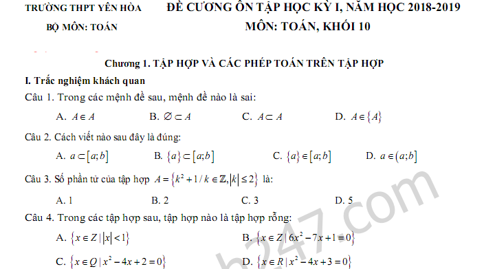 Đề cương ôn tập học kì 1 lớp 10 môn Toán 2018 - THPT Yên Hòa