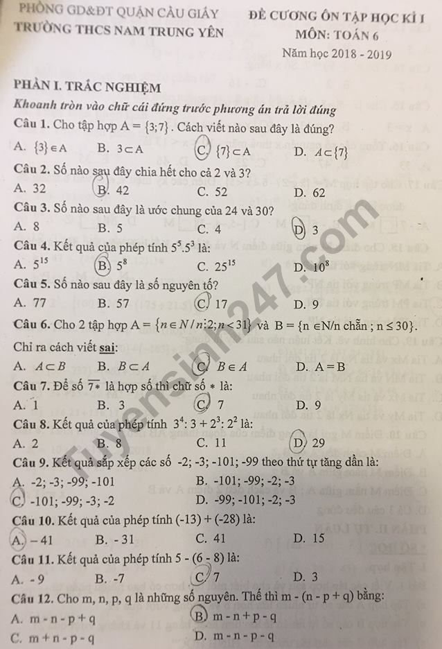 Đề cương ôn tập kì 1 lớp 6 môn Toán năm 2018 - THCS Nam Trung Yên