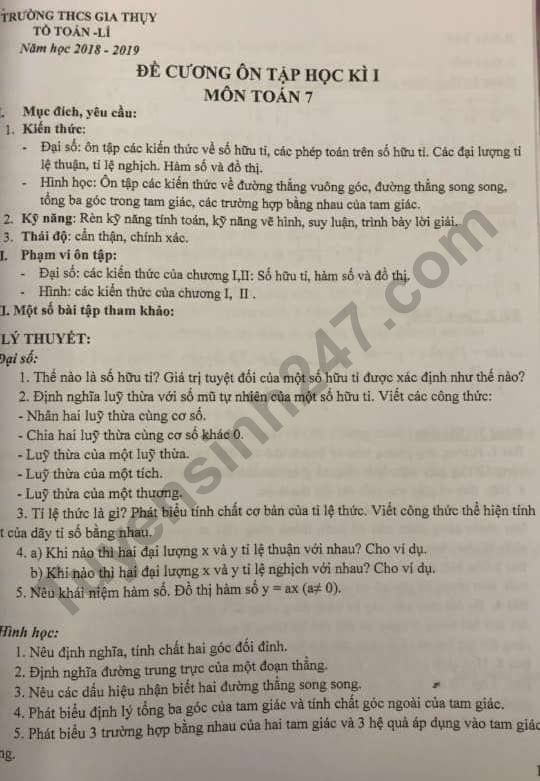 Đề cương ôn tập kì 1 lớp 7 môn Toán - THCS Gia Thụy năm 2018