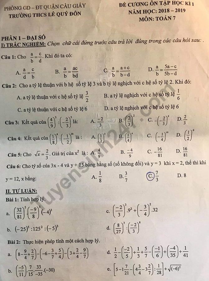 Đề cương ôn tập kì 1 lớp 7 môn Toán năm 2018 - THCS Lê Quý Đôn 