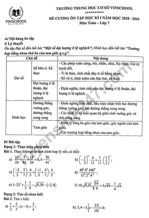 Đề cương ôn tập kì 1 lớp 7 môn Toán - THCS Vinschool năm 2018