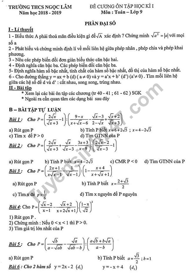 Đề cương ôn tập kì 1 lớp 9 môn Toán năm 2018 - THCS Ngọc Lâm 