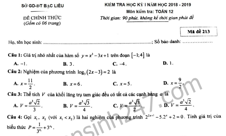 Đề thi kì 1 lớp 12 môn Toán - Sở GD Bạc Liêu năm học 2018 - 2019