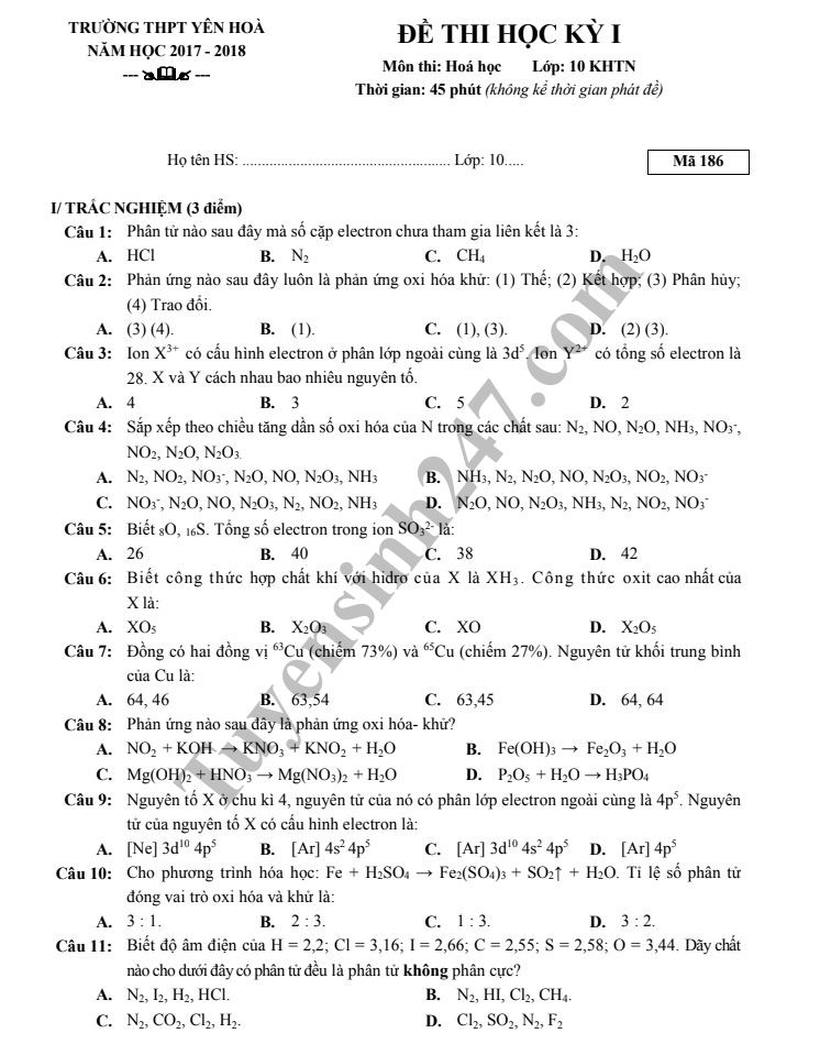 Đề thi học kỳ 1 lớp 10 môn Hóa năm 2018 - THPT Yên Hòa 