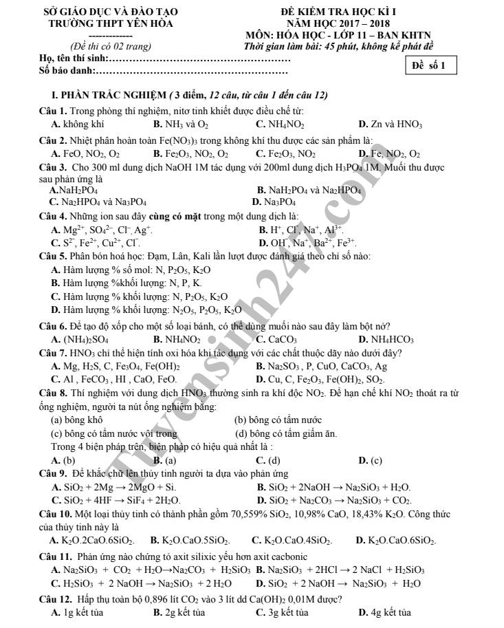 Đề kiểm tra học kỳ 1 lớp 11 môn Hóa năm 2018 - THPT Yên Hòa 