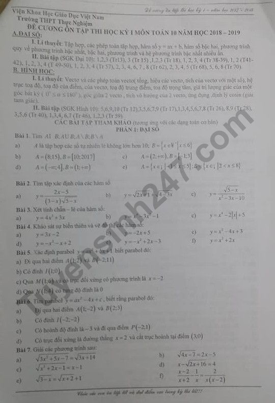 Đề cương ôn tập kì 1 lớp 10 môn Toán năm 2018 - THPT Thực Nghiệm