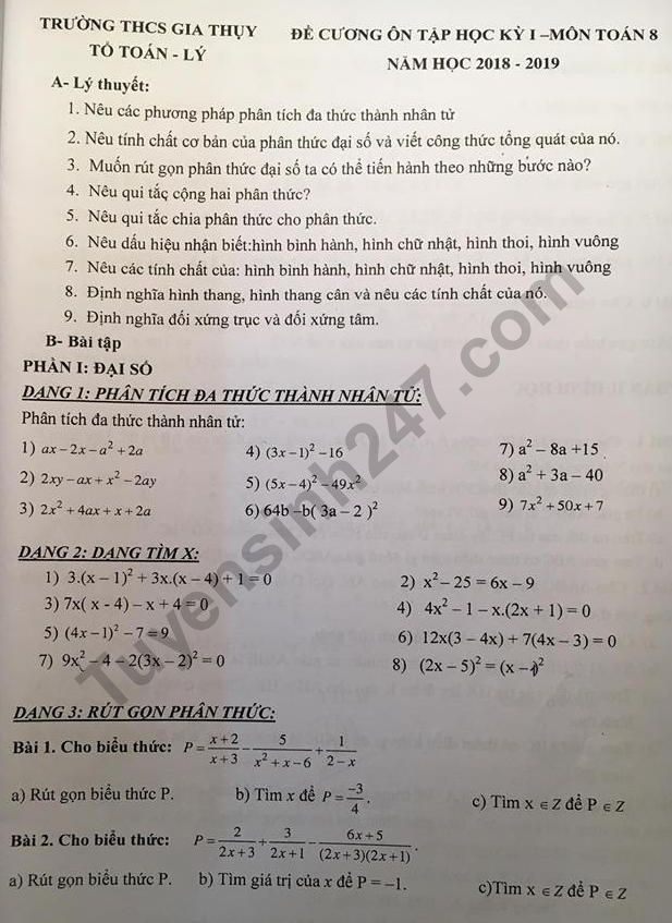 Đề cương ôn tập kì 1 lớp 8 môn Toán - THCS Gia Thụy năm 2018