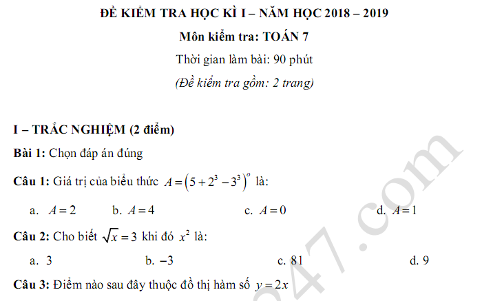 Đề thi kì 1 lớp 7 môn Toán THCS Vinschool năm học 2018 - 2019