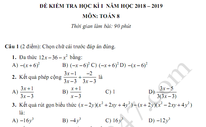 Đề thi học kì 1 lớp 8 môn Toán - THCS Vinschool năm học 2018 - 2019 