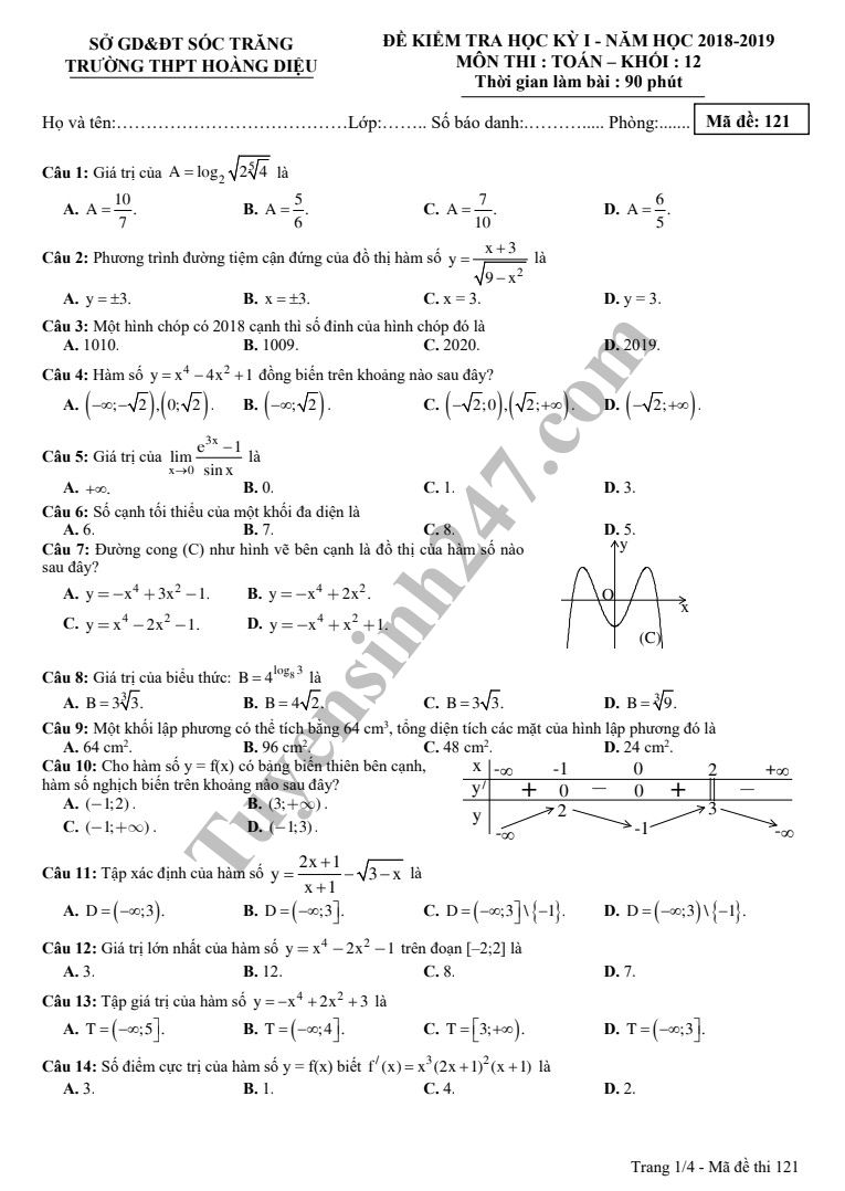 Đề thi học kỳ 1 lớp 12 môn Toán năm học 2018 - 2019 - THPT Hoàng Diệu 