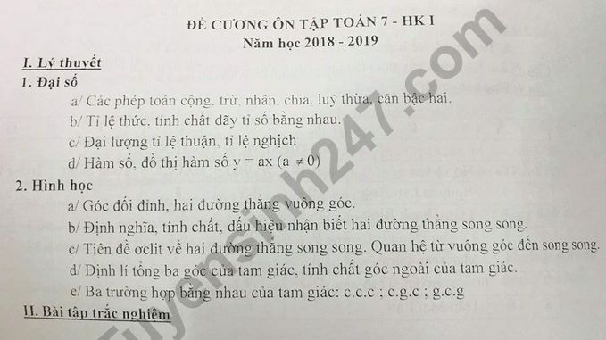 Đề cương ôn tập kì 1 lớp 7 môn Toán năm 2018 - THCS Hoàng Hoa Thám 