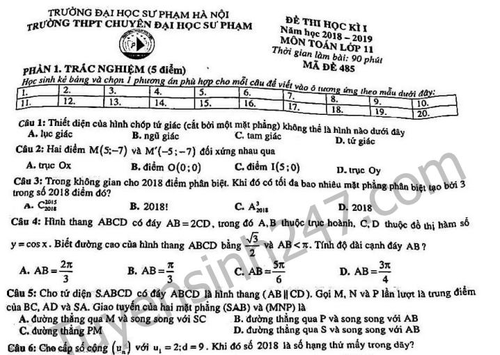 Đề thi kì 1 lớp 11 môn Toán - THPT Chuyên ĐH Sư phạm Hà Nội năm 2018