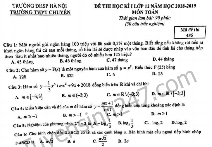 Đề thi kì 1 lớp 12 môn Toán - Chuyên ĐH Sư Phạm HN năm 2018