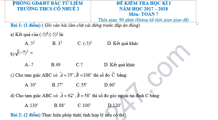 Đề thi học kỳ 1 lớp 7 môn Toán năm 2018 - THCS Cổ Nhuế 2 