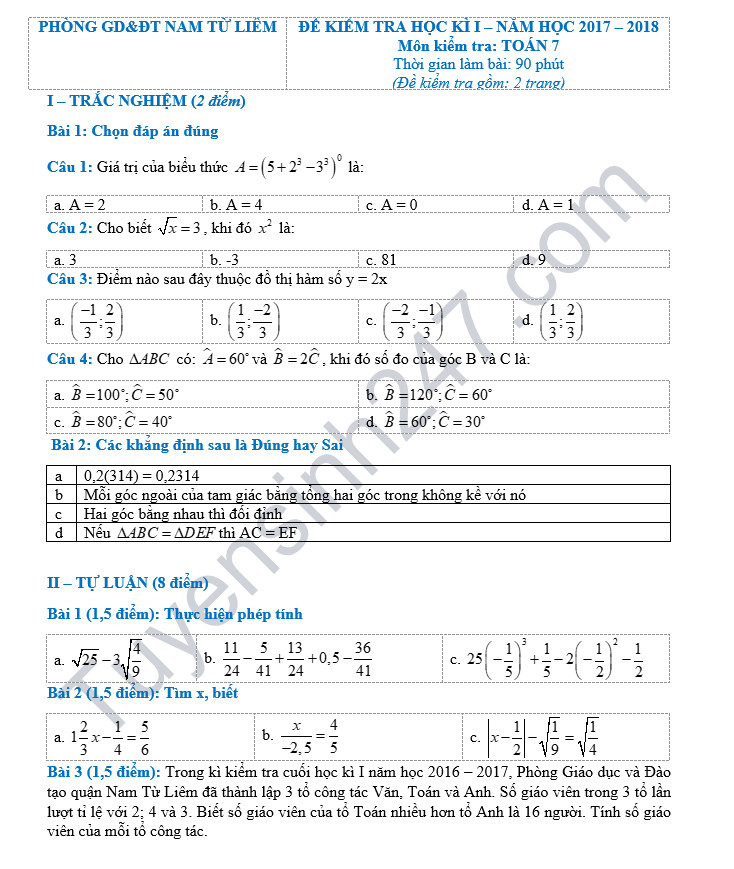 Đề thi học kỳ 1 lớp 7 môn Toán năm 2018 - Phòng GD&ĐT Quận Nam Từ Liêm 