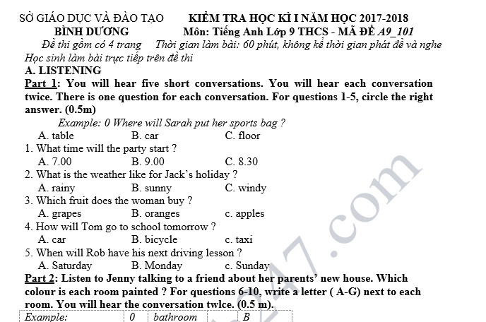 Đề thi học kỳ 1 lớp 9 môn Anh năm 2018 - Phòng GD Bình Dương 