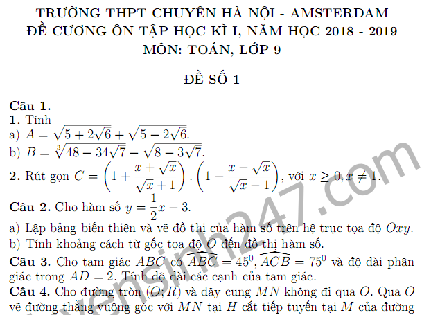 Đề cương ôn tập kì 1 lớp 9 môn Toán năm 2018 - Chuyên Amsterdam 