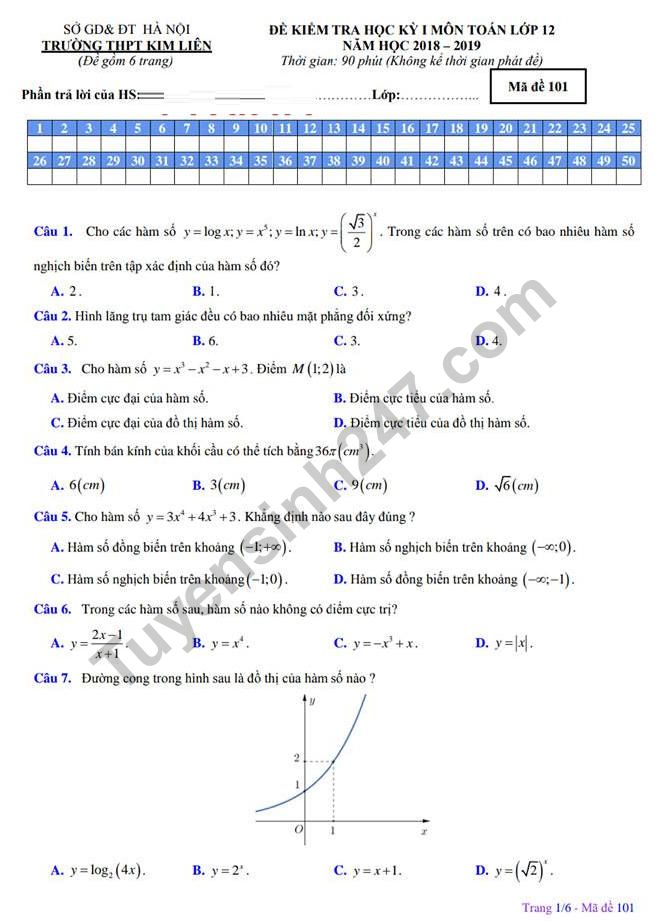 Đề thi kì 1 lớp 12 môn Toán - THPT Kim Liên năm 2018