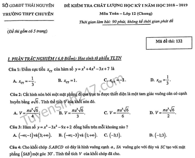 Đề thi kì 1 lớp 12 môn Toán năm học 2018 - 2019 - THPT Chuyên Thái Nguyên 