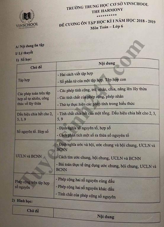 Đề cương ôn tập môn Toán lớp 6 năm 2018 - THCS Vinschool 