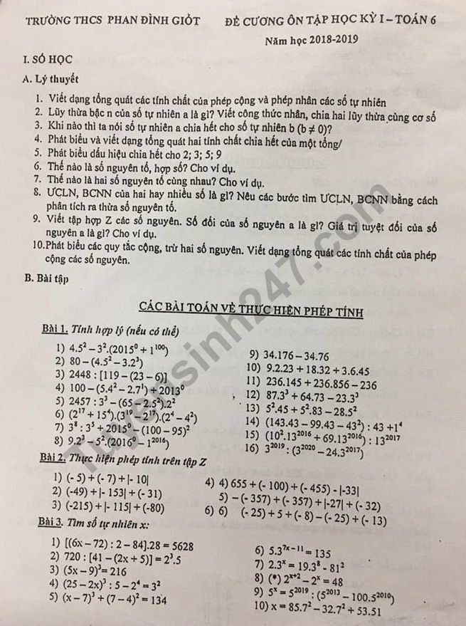 Đề cương ôn tập kì 1 lớp 6 môn Toán - THCS Phan Đình Giót năm 2018