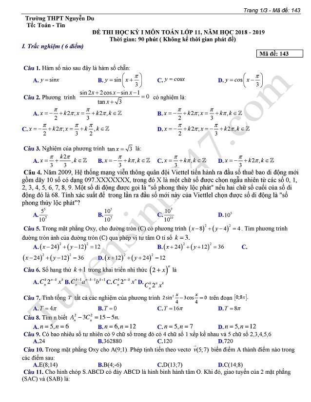 Đề thi kì 1 lớp 11 môn Toán - THPT Nguyễn Du năm 2018