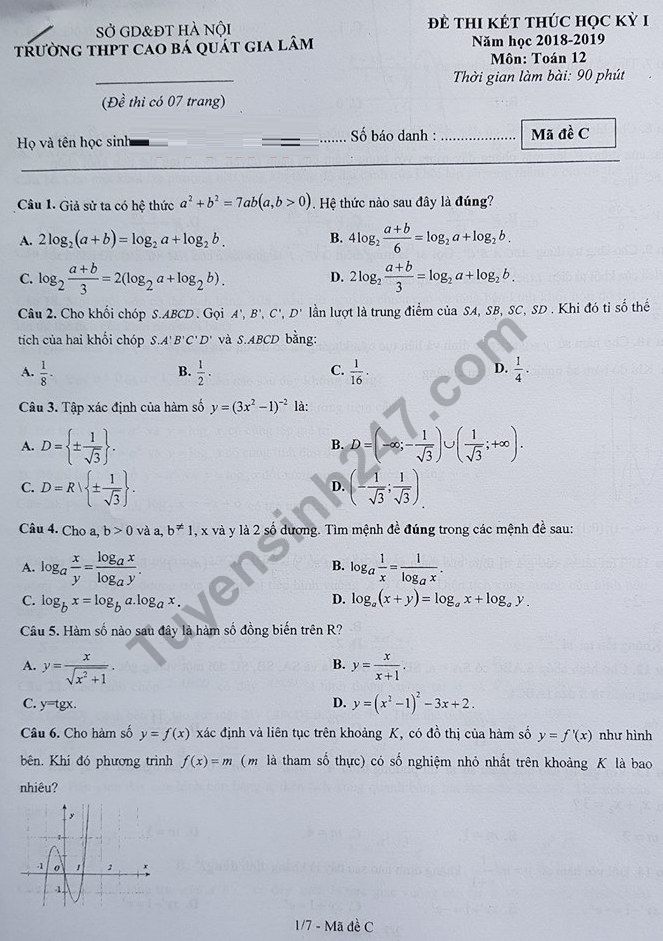 Đề thi kì 1 lớp 12 môn Toán năm 2018 - THPT Cao Bá Quát 