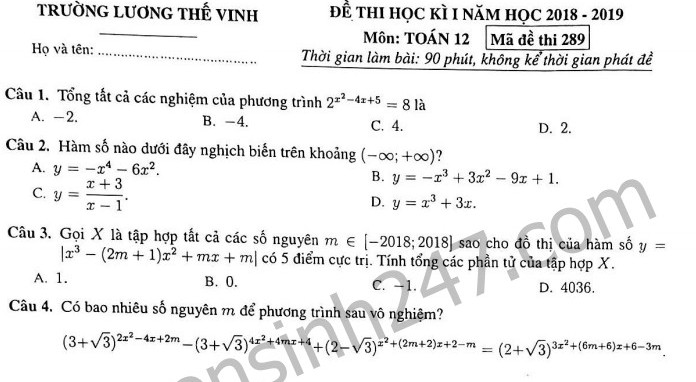 Đề thi kì 1 lớp 12 môn Toán - THPT Lương Thế Vinh năm 2018 - 2019