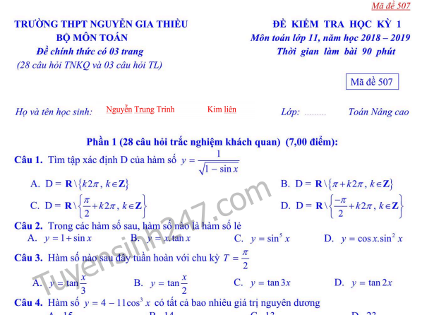 Đề thi kì 1 lớp 12 môn Toán - THPT Nguyễn Gia Thiều năm 2018 - 2019