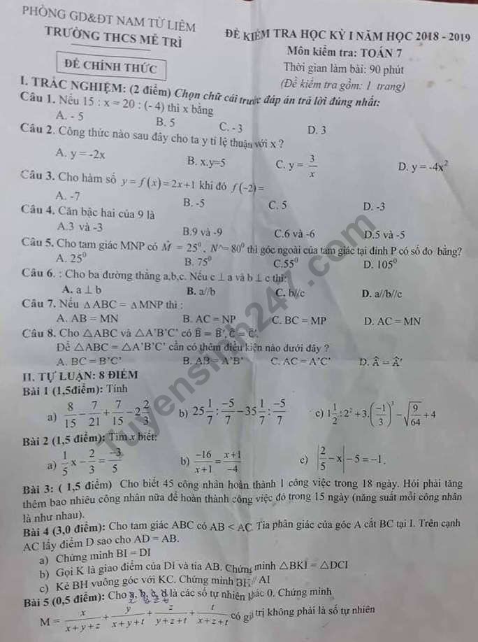 Đề thi kì 1 lớp 7 môn Toán - THCS Mễ Trì năm 2018